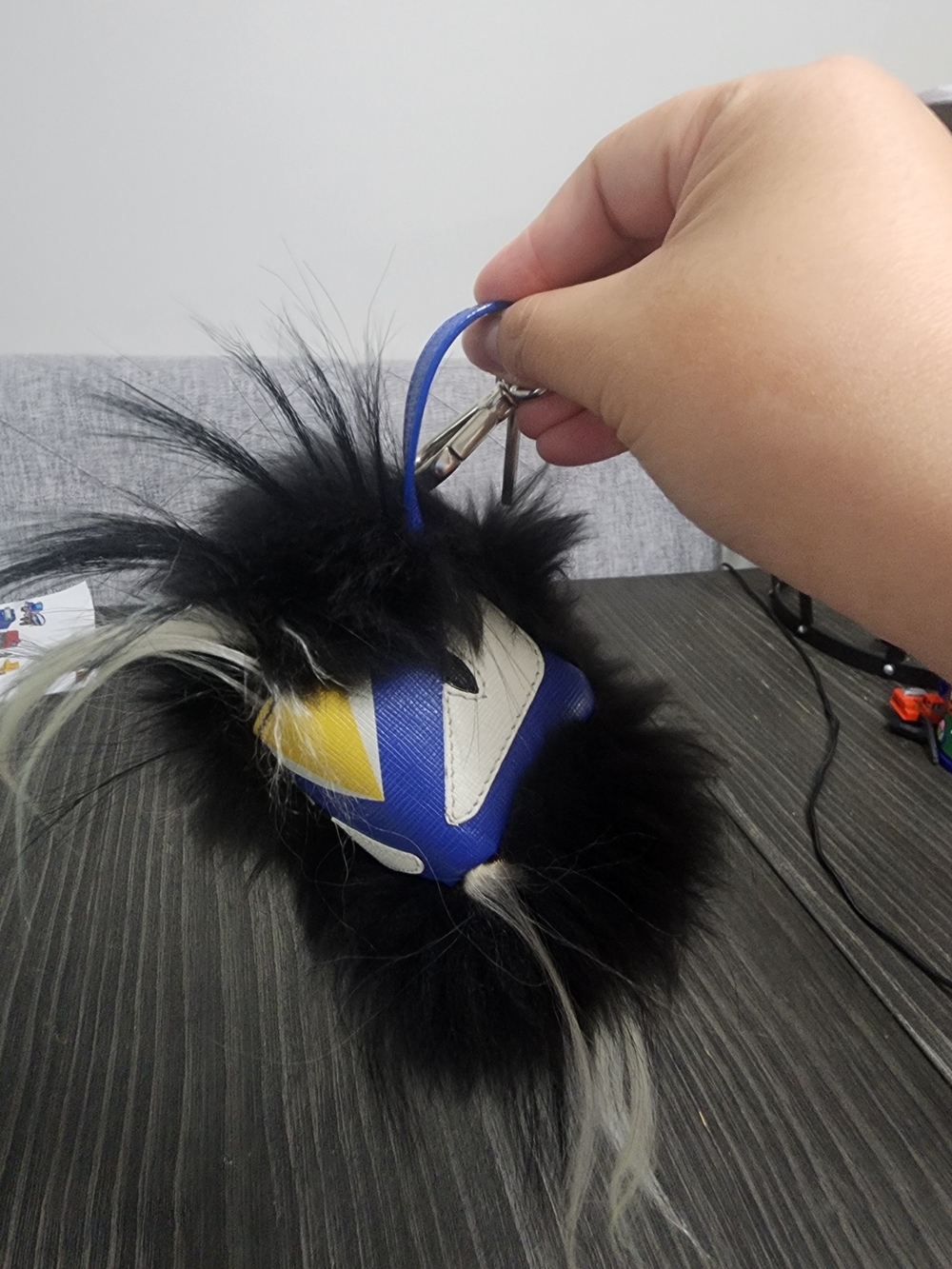 Fendi Black Fur Pom Bag Charm with Blue & Yellow Accent